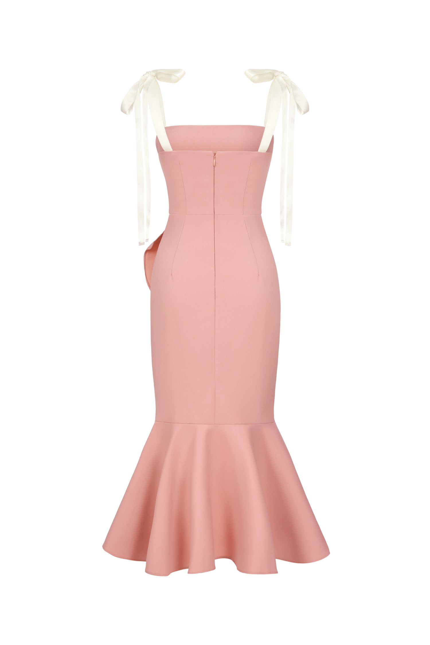 Everlee Movement Midi Mermaid Dress with Satin Ribbon Straps in Rose Pink