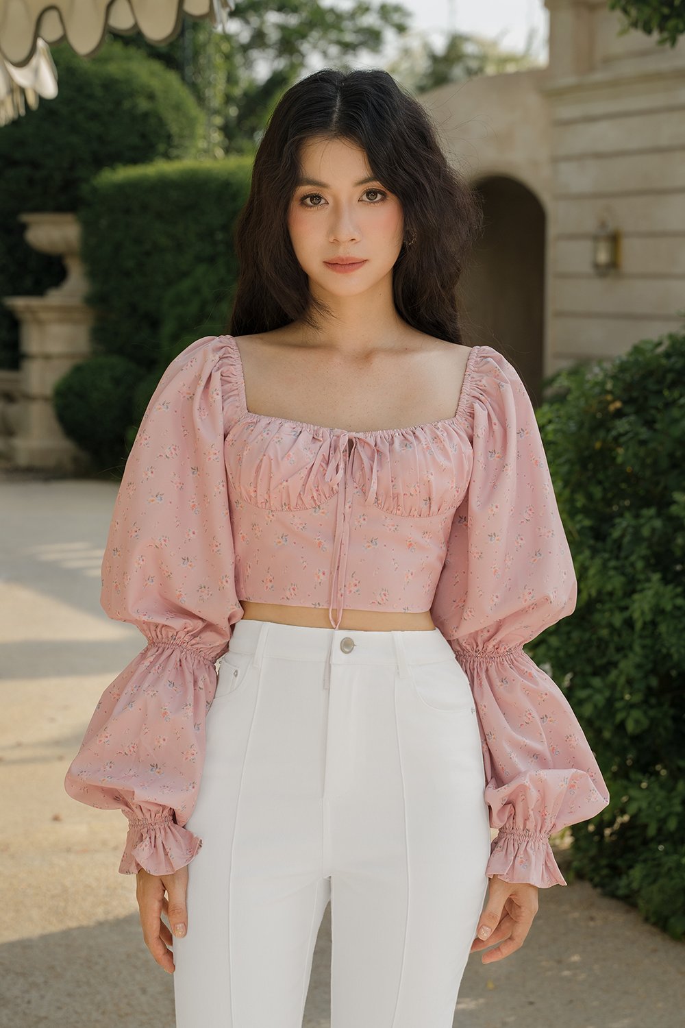 Fleurie Long Puff Sleeves Top in Dainty Florals in Ros&eacute;e Florale