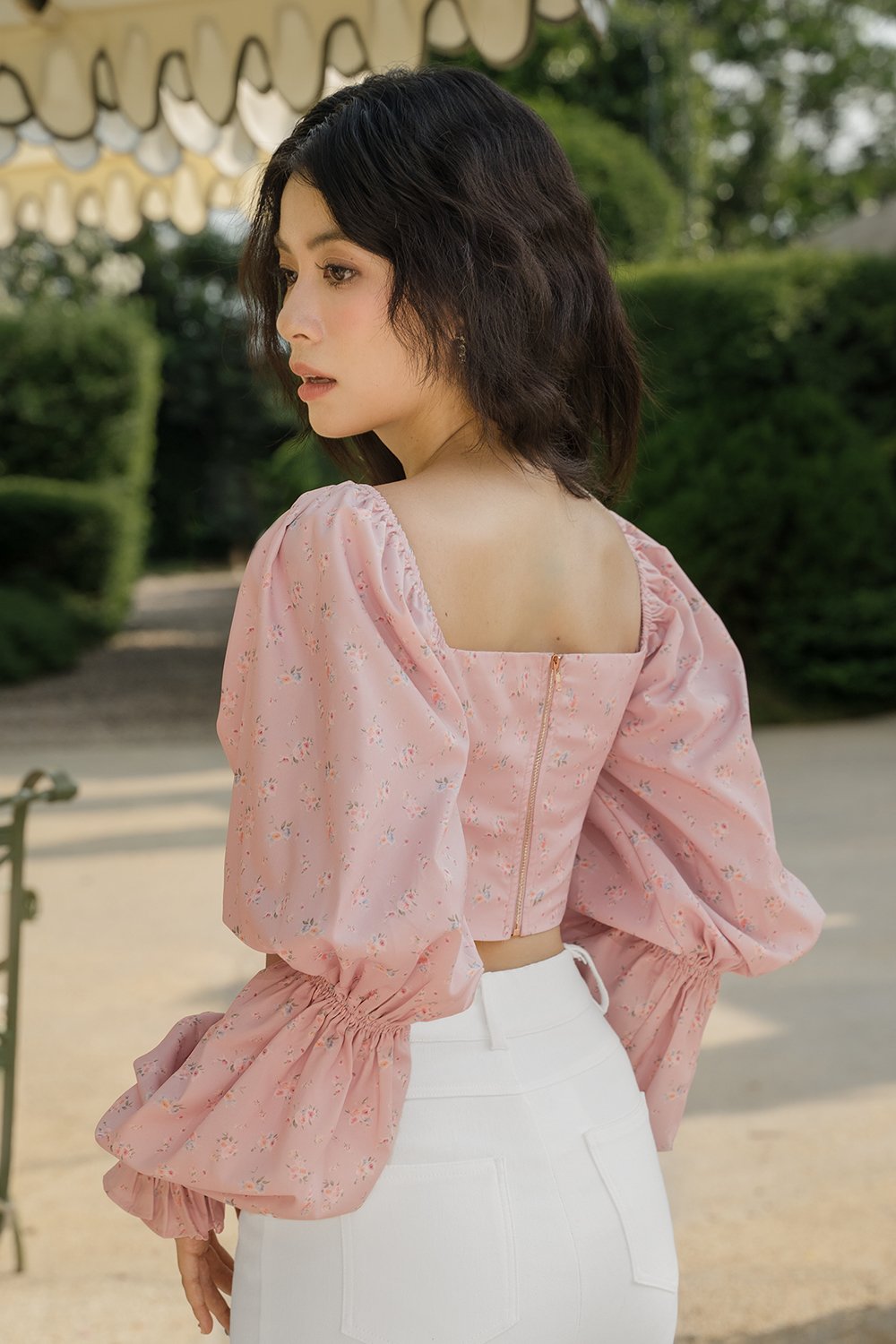 Fleurie Long Puff Sleeves Top in Dainty Florals in Ros&eacute;e Florale