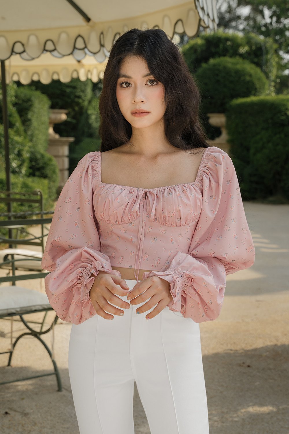 Fleurie Long Puff Sleeves Top in Dainty Florals in Ros&eacute;e Florale