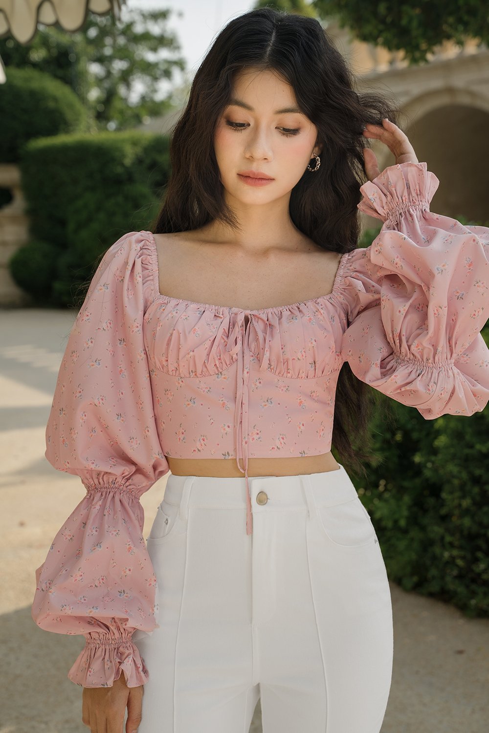 Fleurie Long Puff Sleeves Top in Dainty Florals in Ros&eacute;e Florale