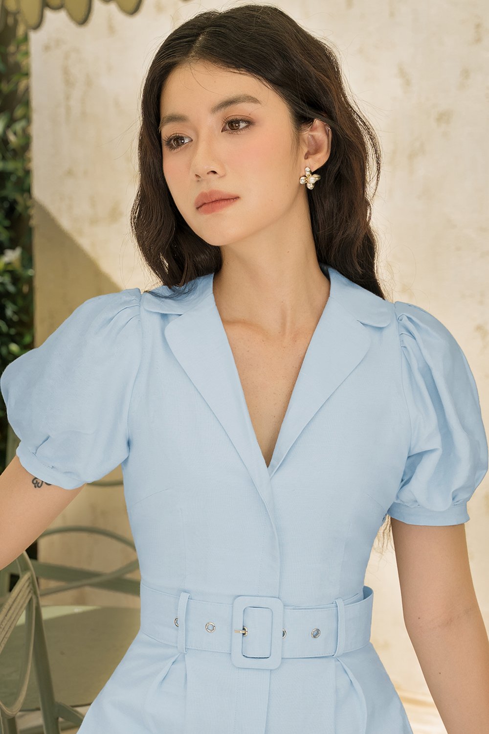 Journee Belted Puff Sleeves Jumpsuit in Sky Blue