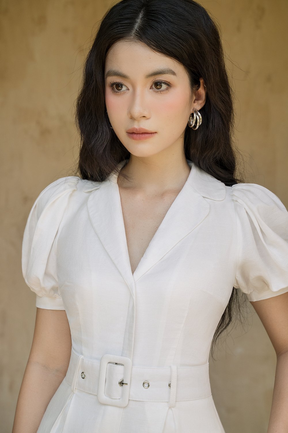 Journee Belted Puff Sleeves Jumpsuit in Iconic White