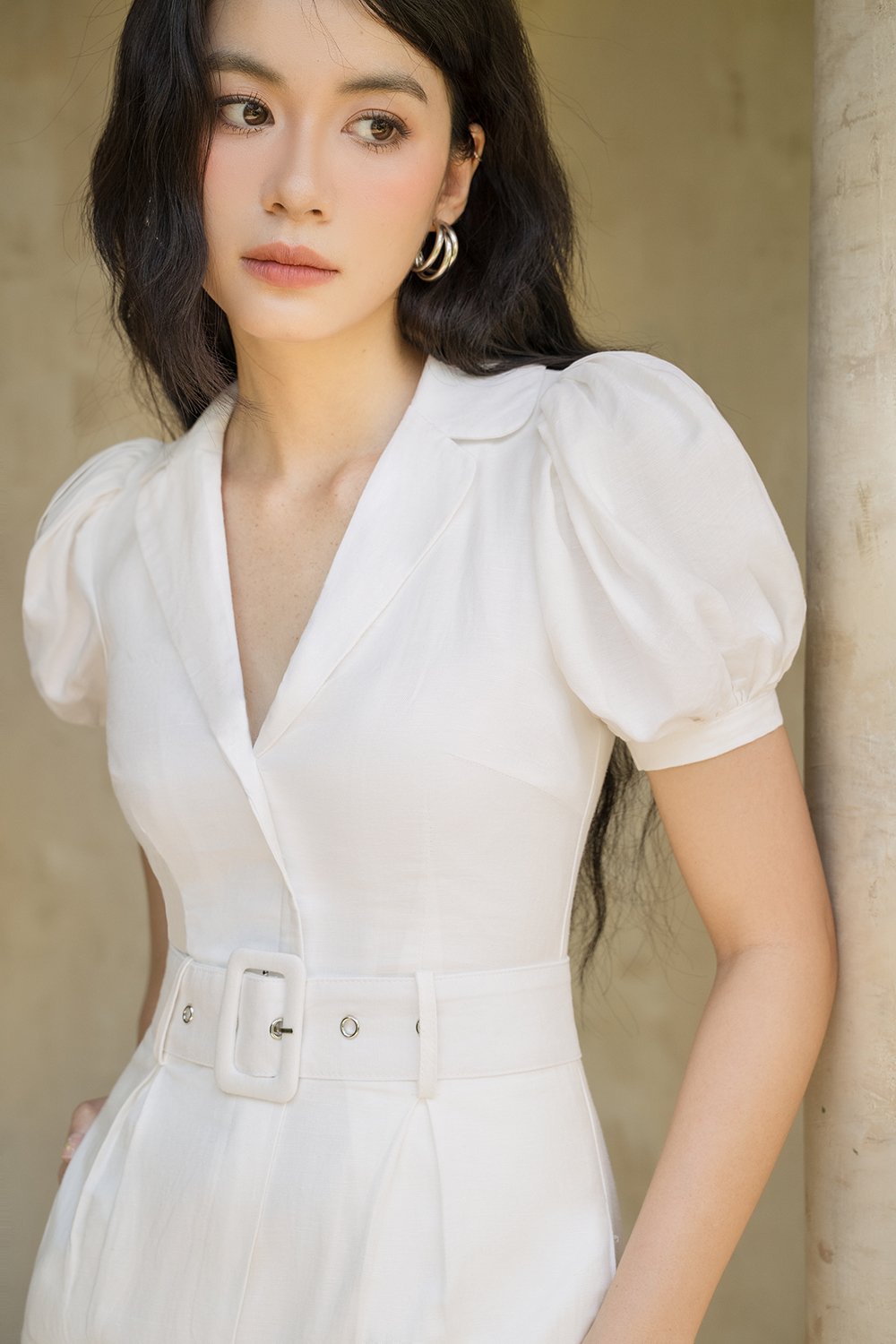 Journee Belted Puff Sleeves Jumpsuit in Iconic White