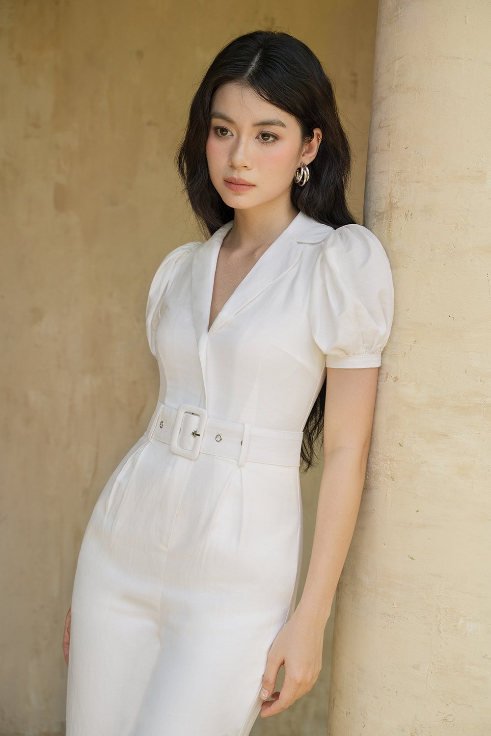 Journee Belted Puff Sleeves Jumpsuit in Iconic White