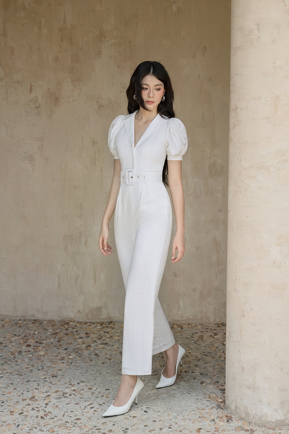 Journee Belted Puff Sleeves Jumpsuit in Iconic White