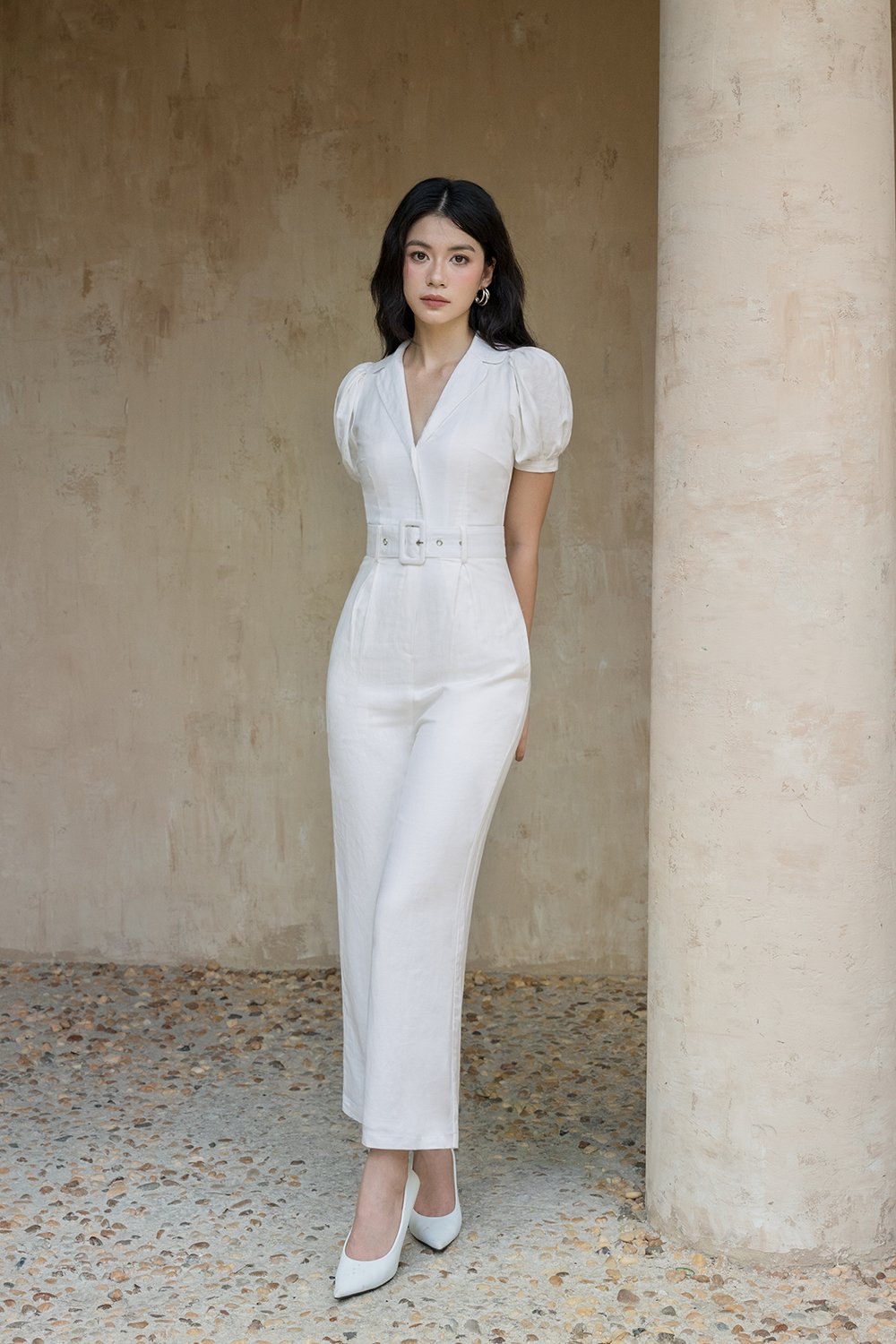 Journee Belted Puff Sleeves Jumpsuit in Iconic White