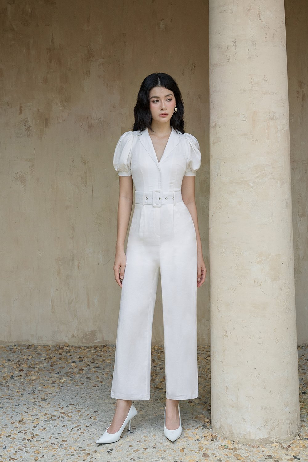 Journee Belted Puff Sleeves Jumpsuit in Iconic White