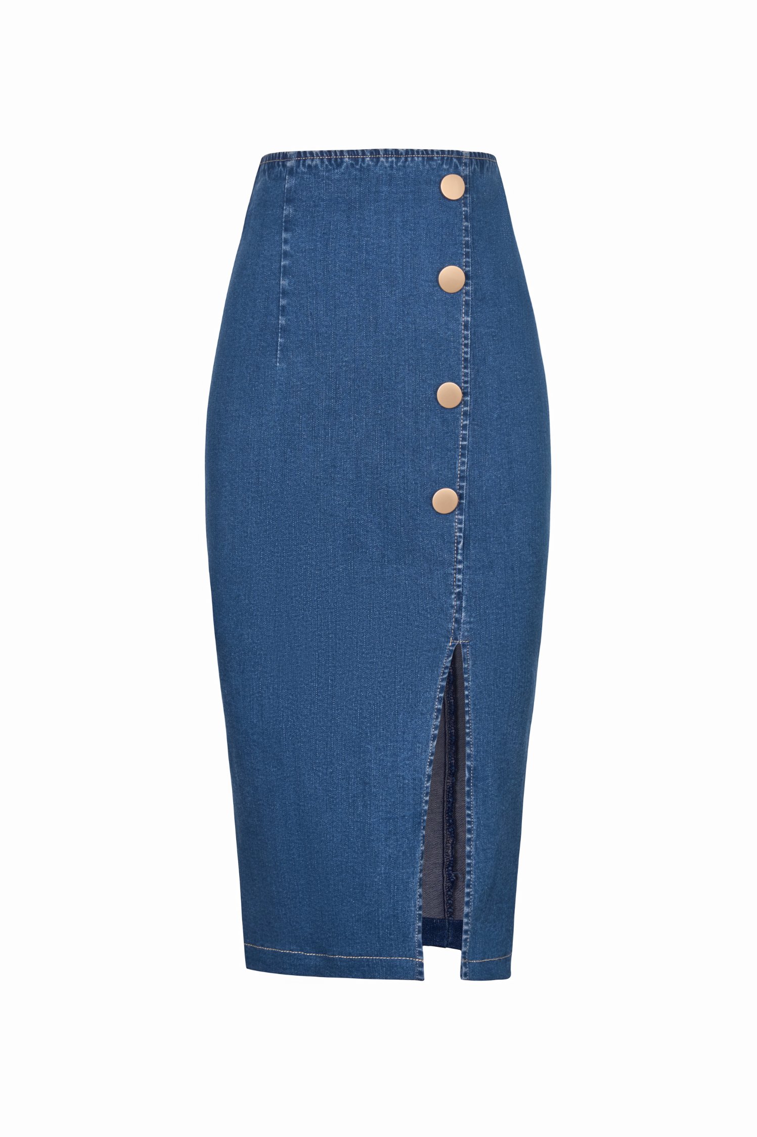 Lyra Denim Pencil Skirt in Mid Wash