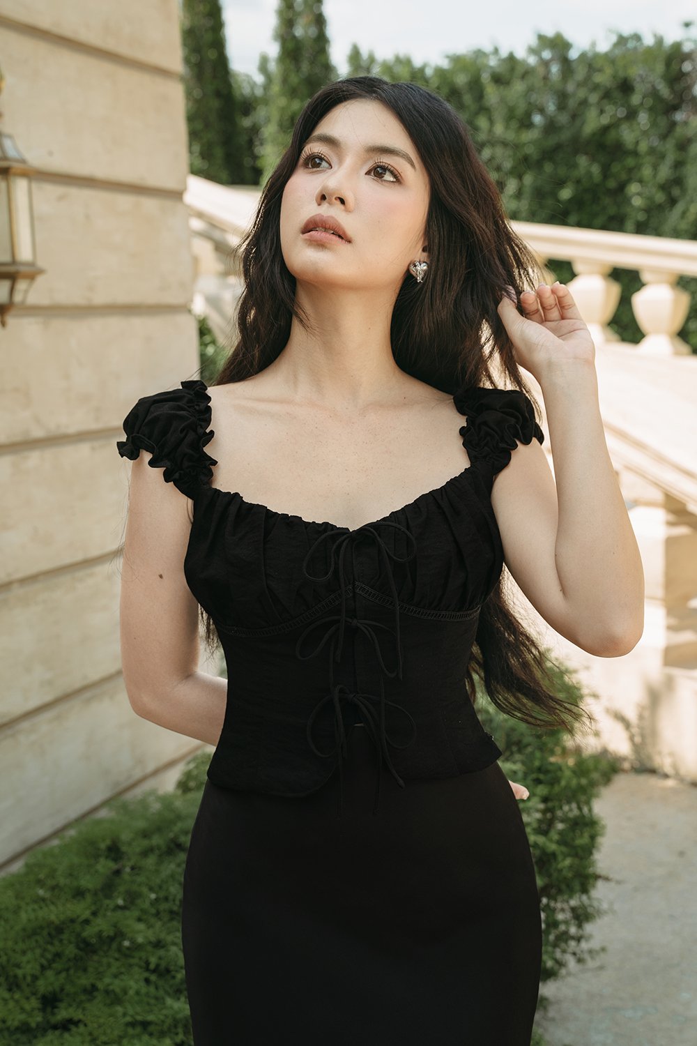 Rochelle Cap Sleeves Ruched Bust Top in Classic Black