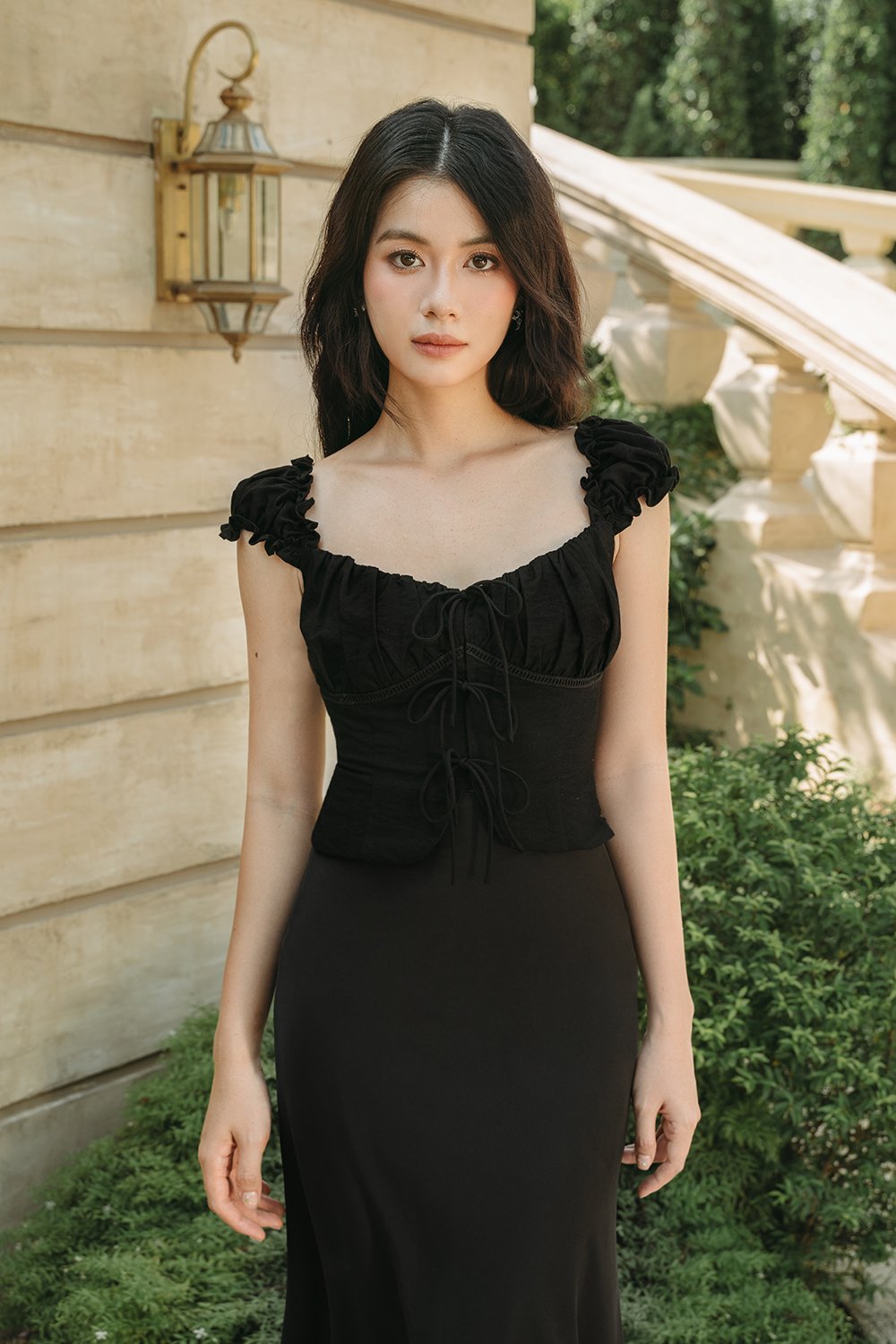 Rochelle Cap Sleeves Ruched Bust Top in Classic Black