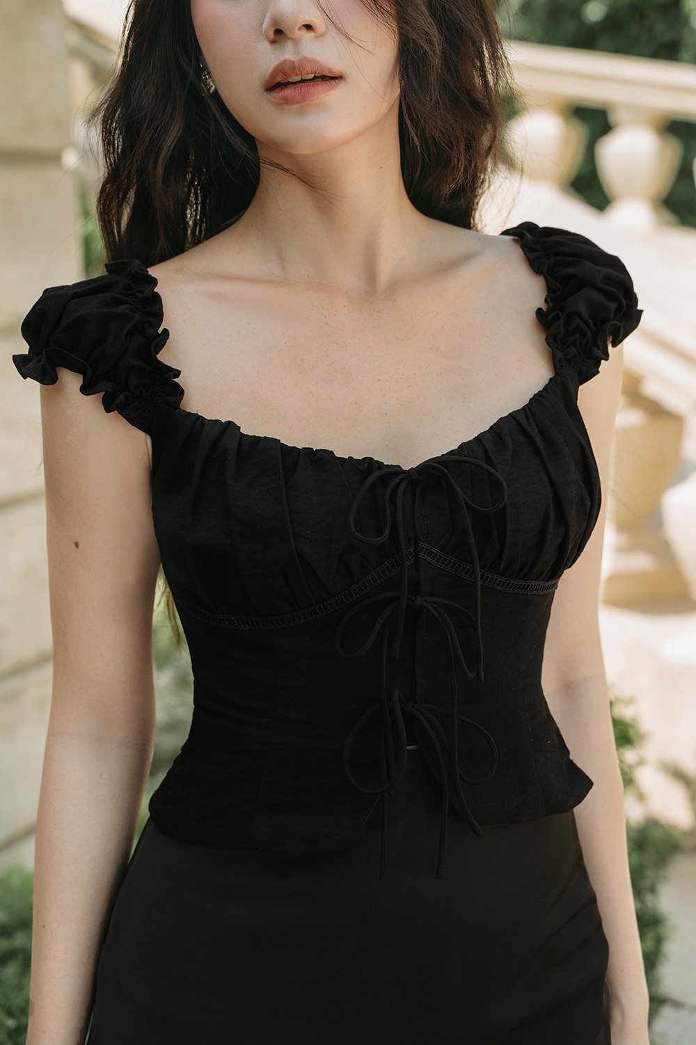 Rochelle Cap Sleeves Ruched Bust Top in Classic Black