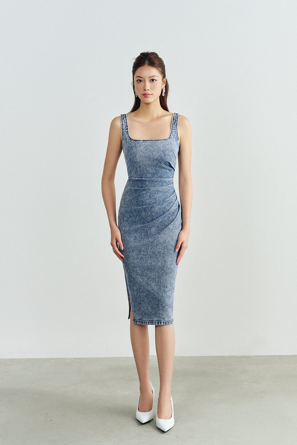 Selena Denim Ruched Midi Dress in Acid Wash