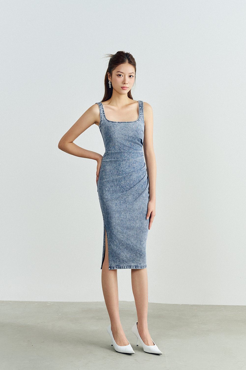 Selena Denim Ruched Midi Dress in Acid Wash