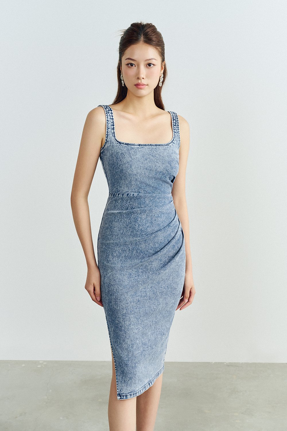 Selena Denim Ruched Midi Dress in Acid Wash