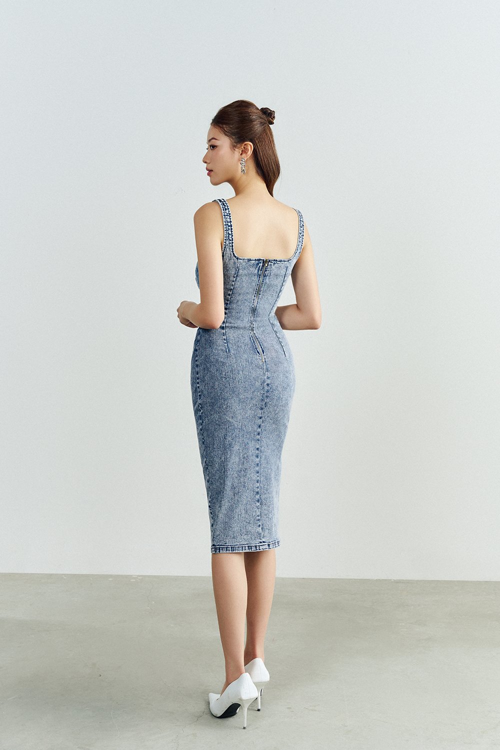Selena Denim Ruched Midi Dress in Acid Wash
