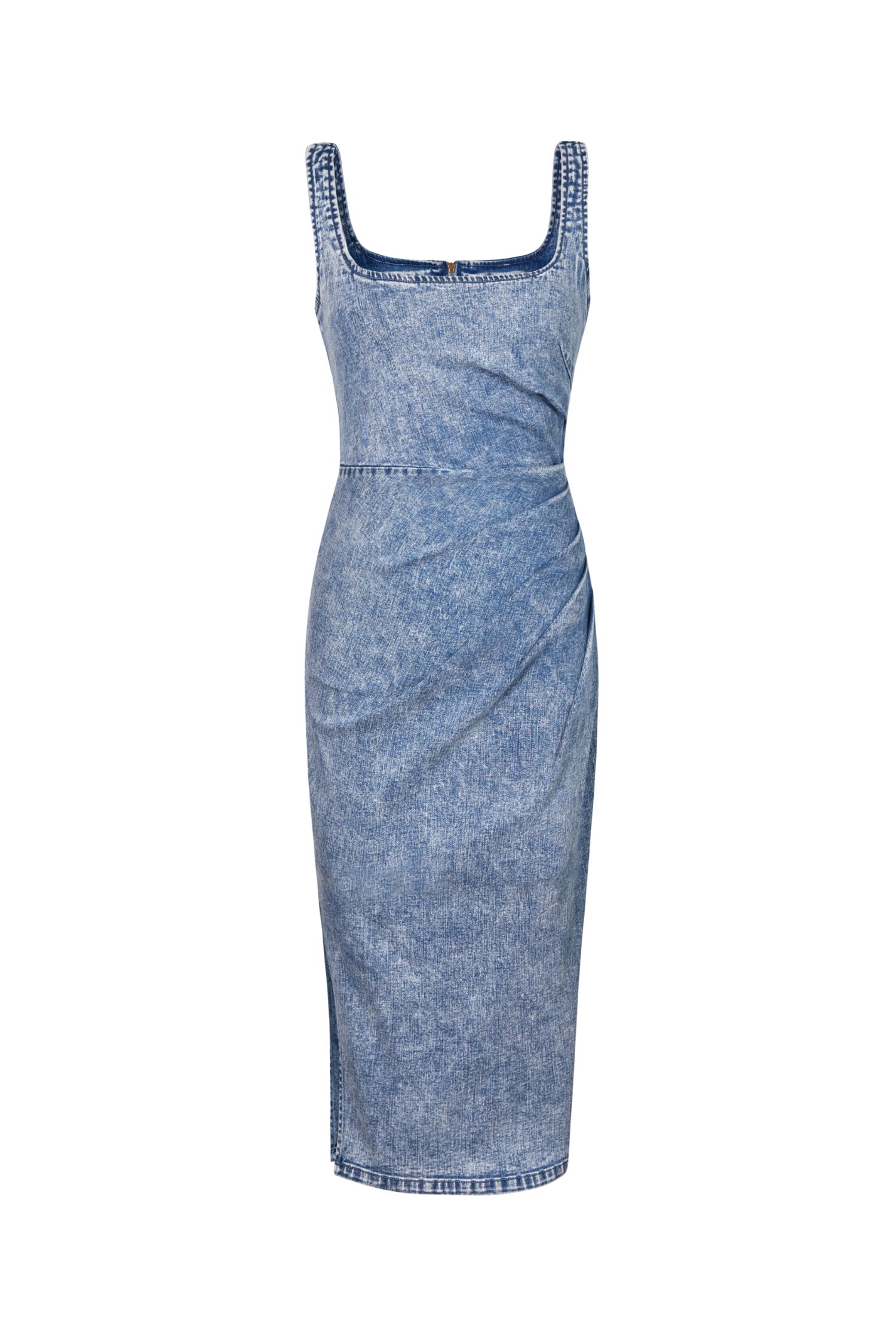 Selena Denim Ruched Midi Dress in Acid Wash