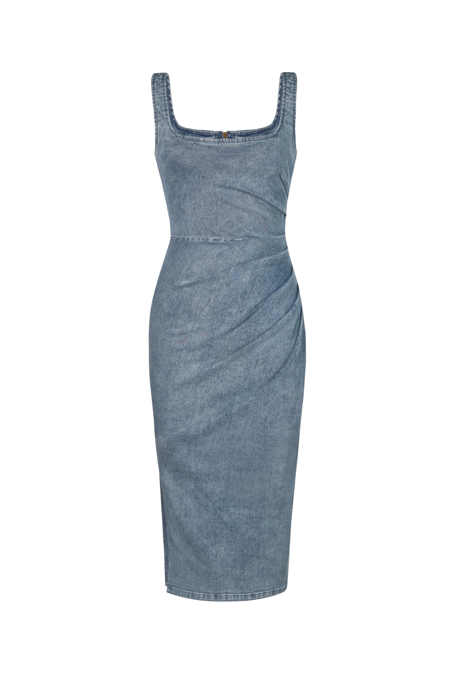 Selena Denim Ruched Midi Dress in Vintage Wash