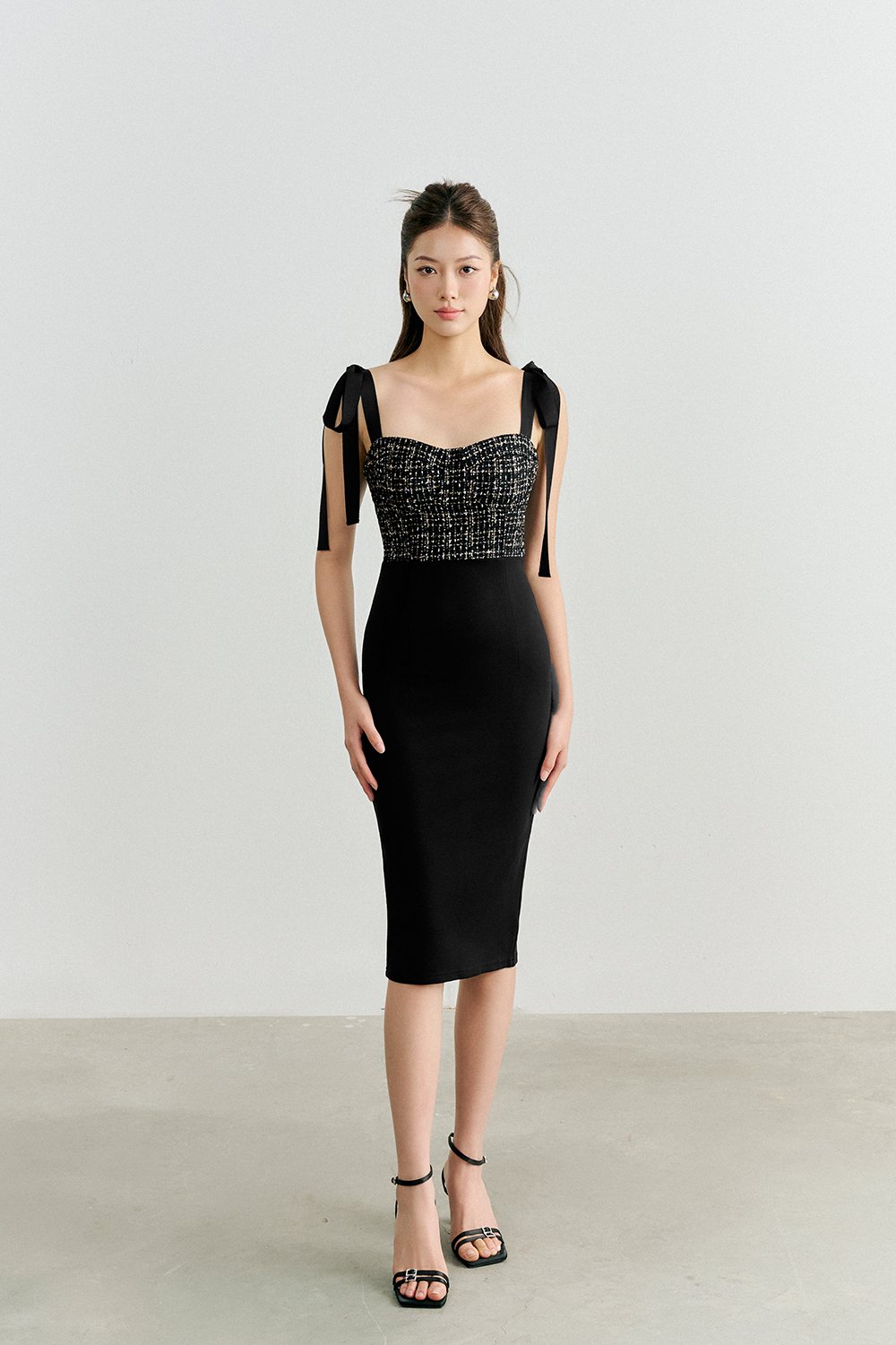 Ynez Tweed Bustier Dress with Ribbon Straps in Black Gold Tweed
