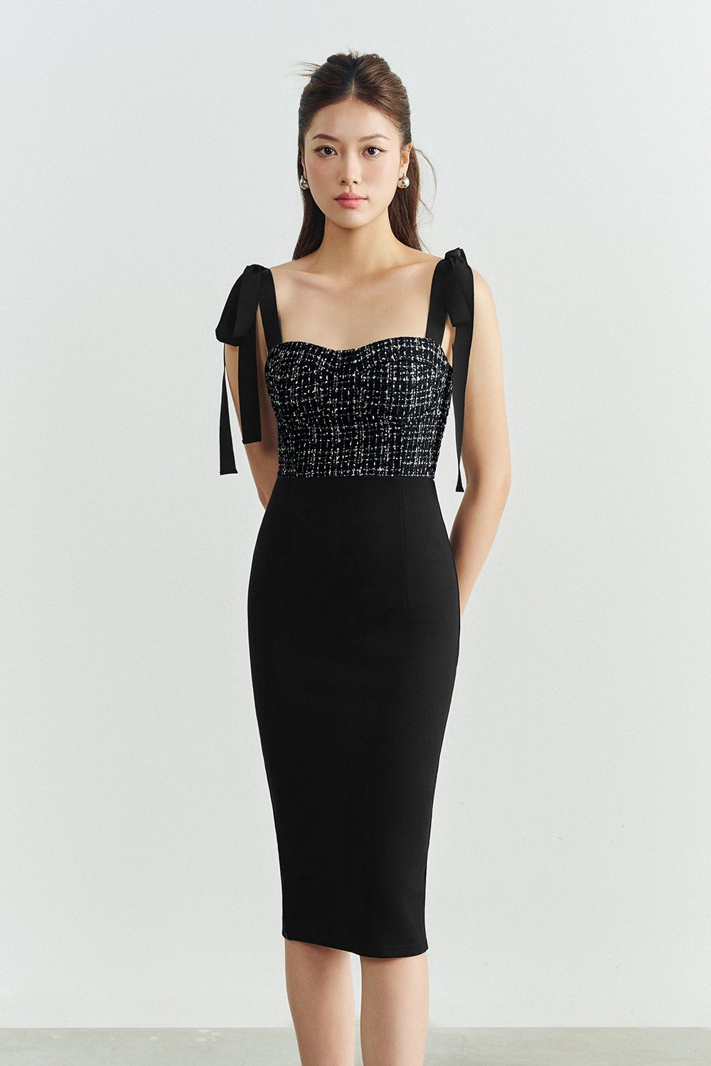 Ynez Tweed Bustier Dress with Ribbon Straps in Black Gold Tweed