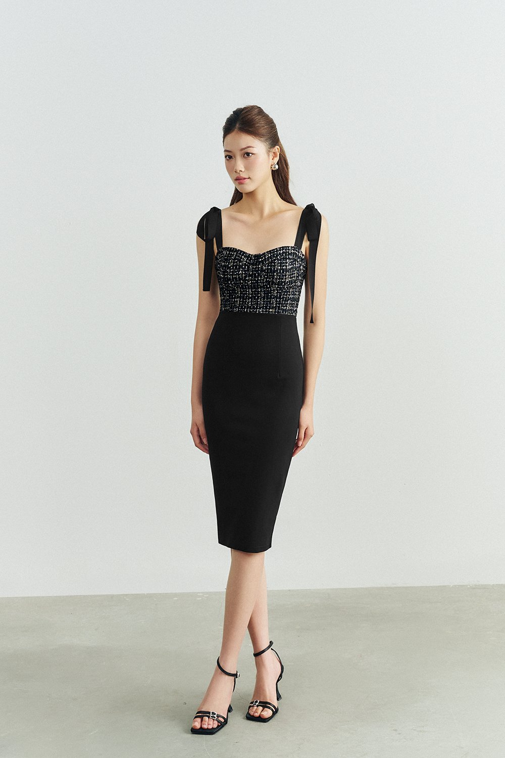 Ynez Tweed Bustier Dress with Ribbon Straps in Black Gold Tweed