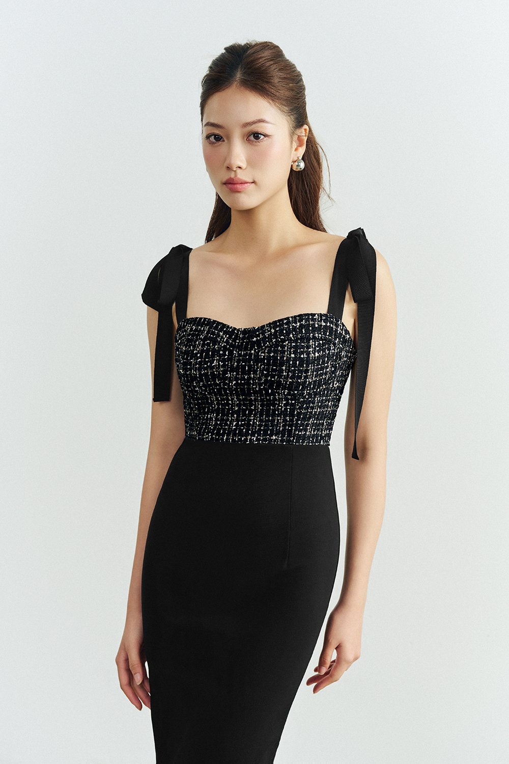 Ynez Tweed Bustier Dress with Ribbon Straps in Black Gold Tweed