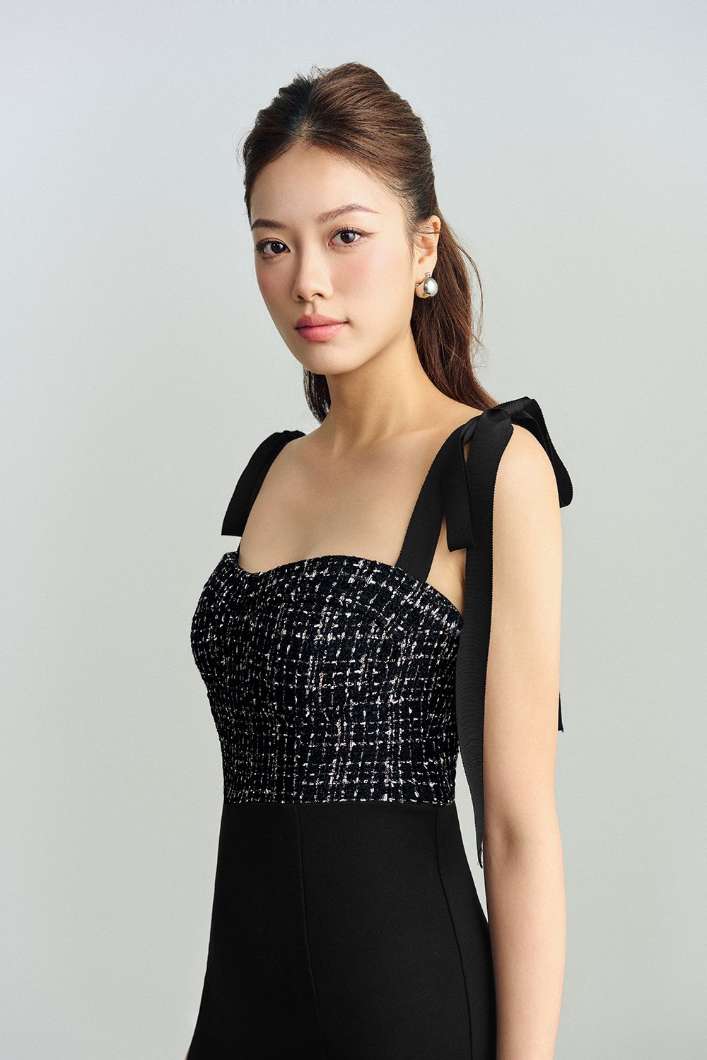 Ynez Tweed Bustier Dress with Ribbon Straps in Black Gold Tweed