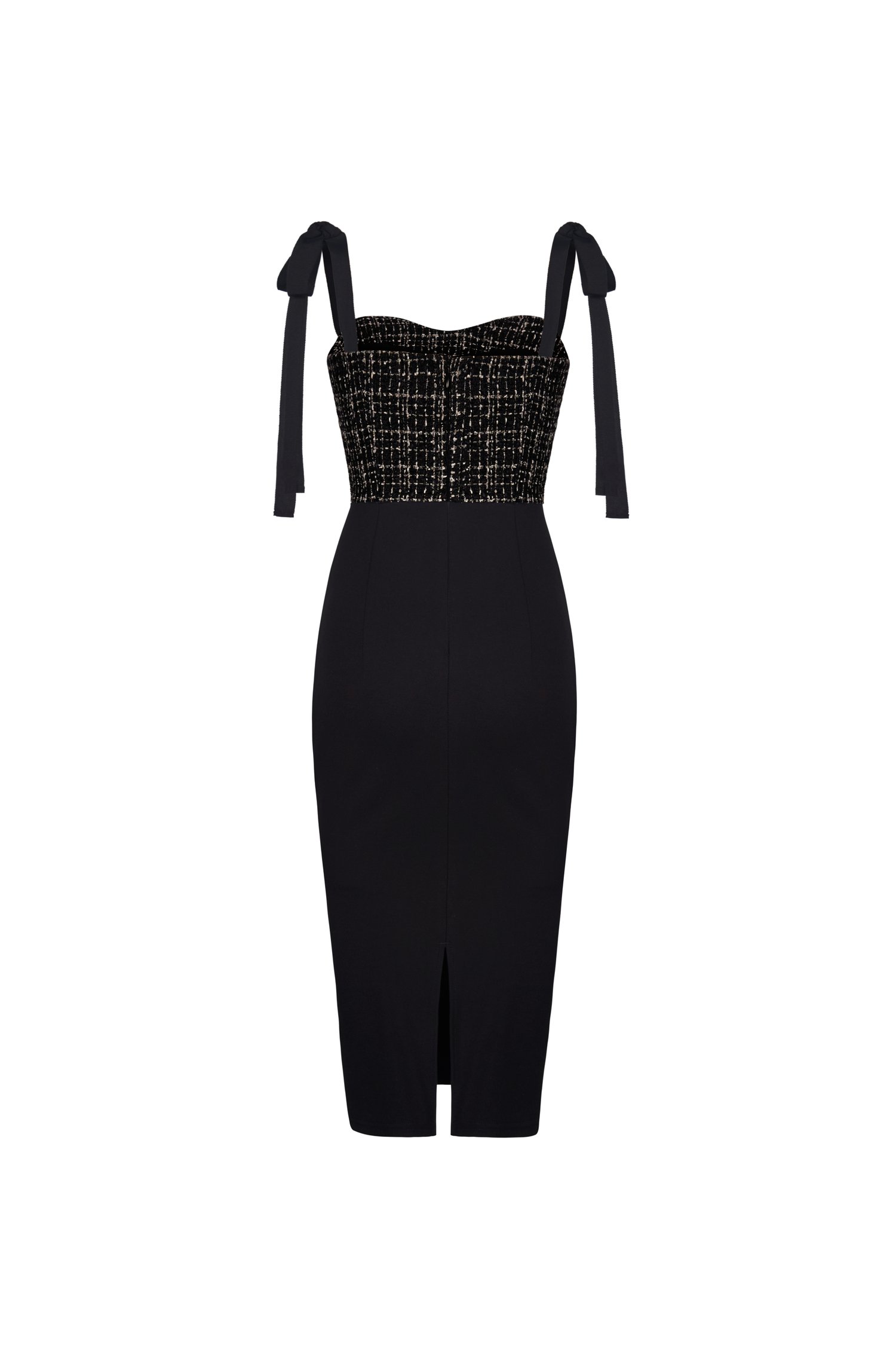 Ynez Tweed Bustier Dress with Ribbon Straps in Black Gold Tweed