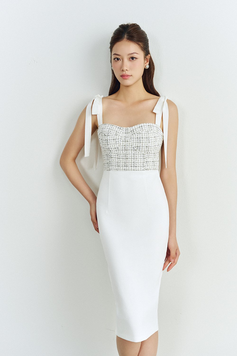 Ynez Tweed Bustier Dress with Ribbon Straps in White Gold Tweed