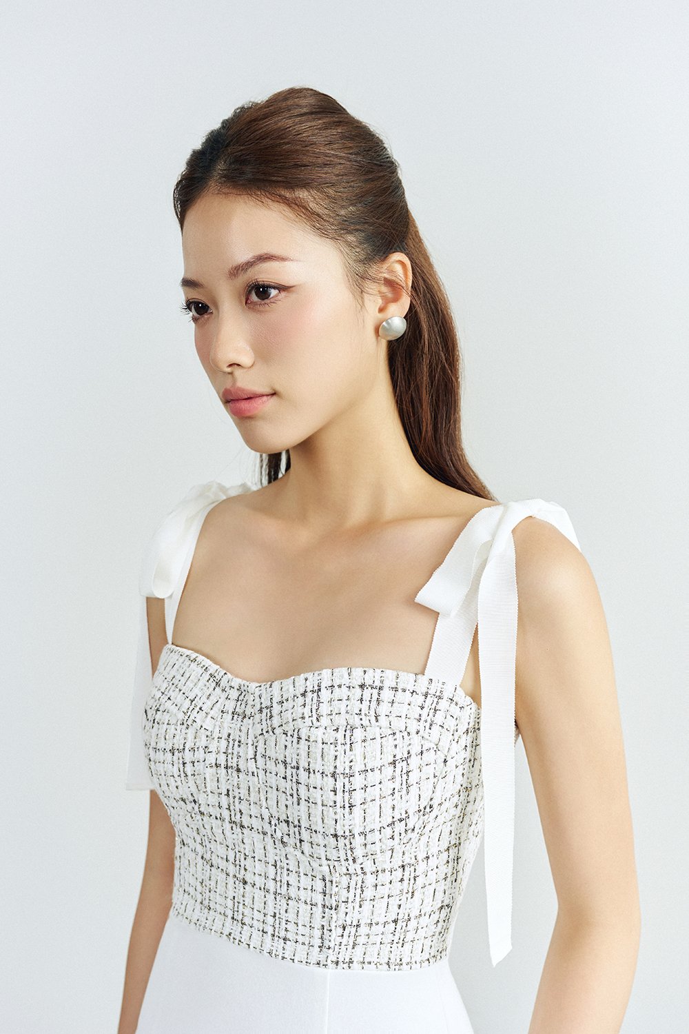 Ynez Tweed Bustier Dress with Ribbon Straps in White Gold Tweed