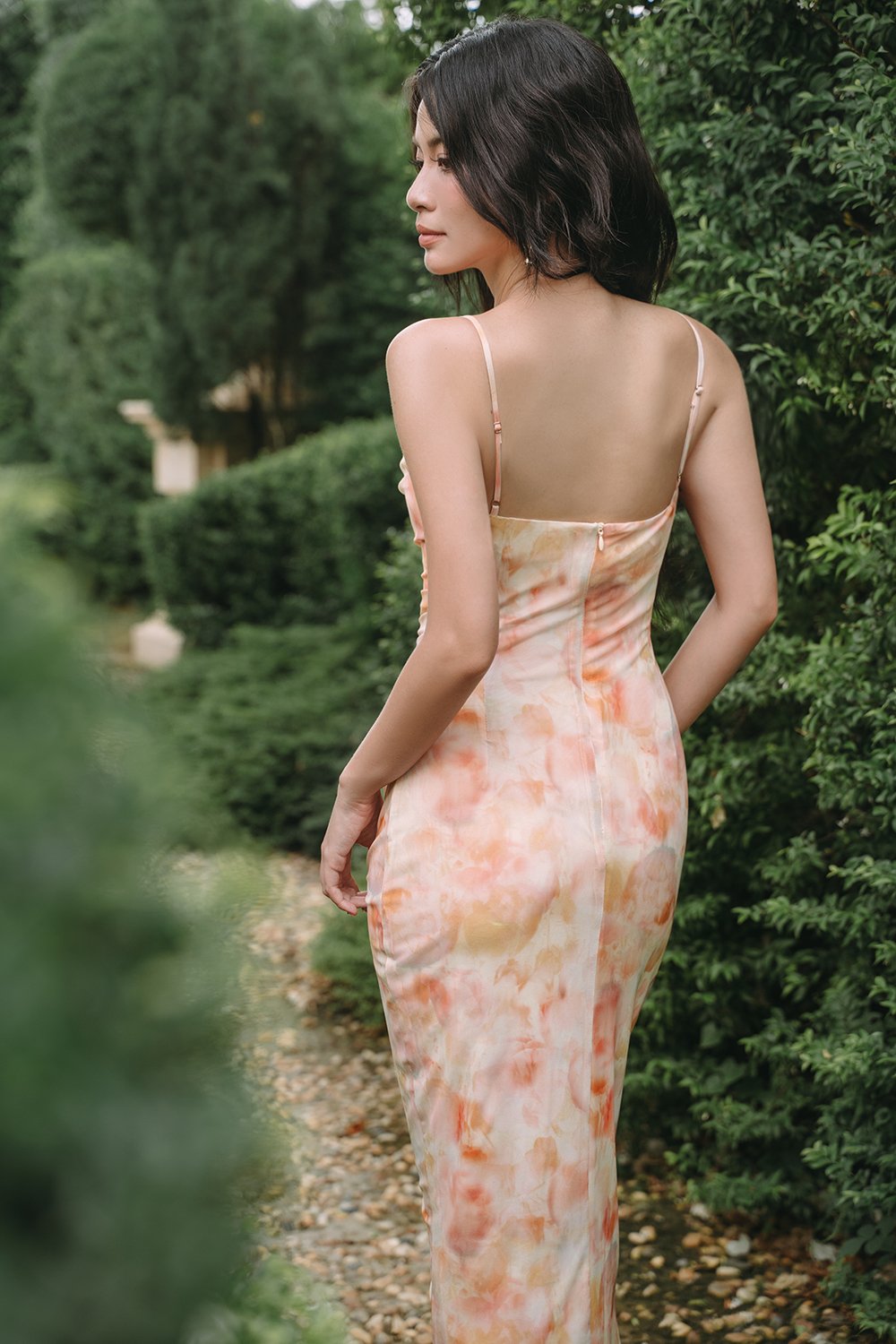 Yvette Watercolor Floral Ruched Mesh Midi Dress in Apricot Dream