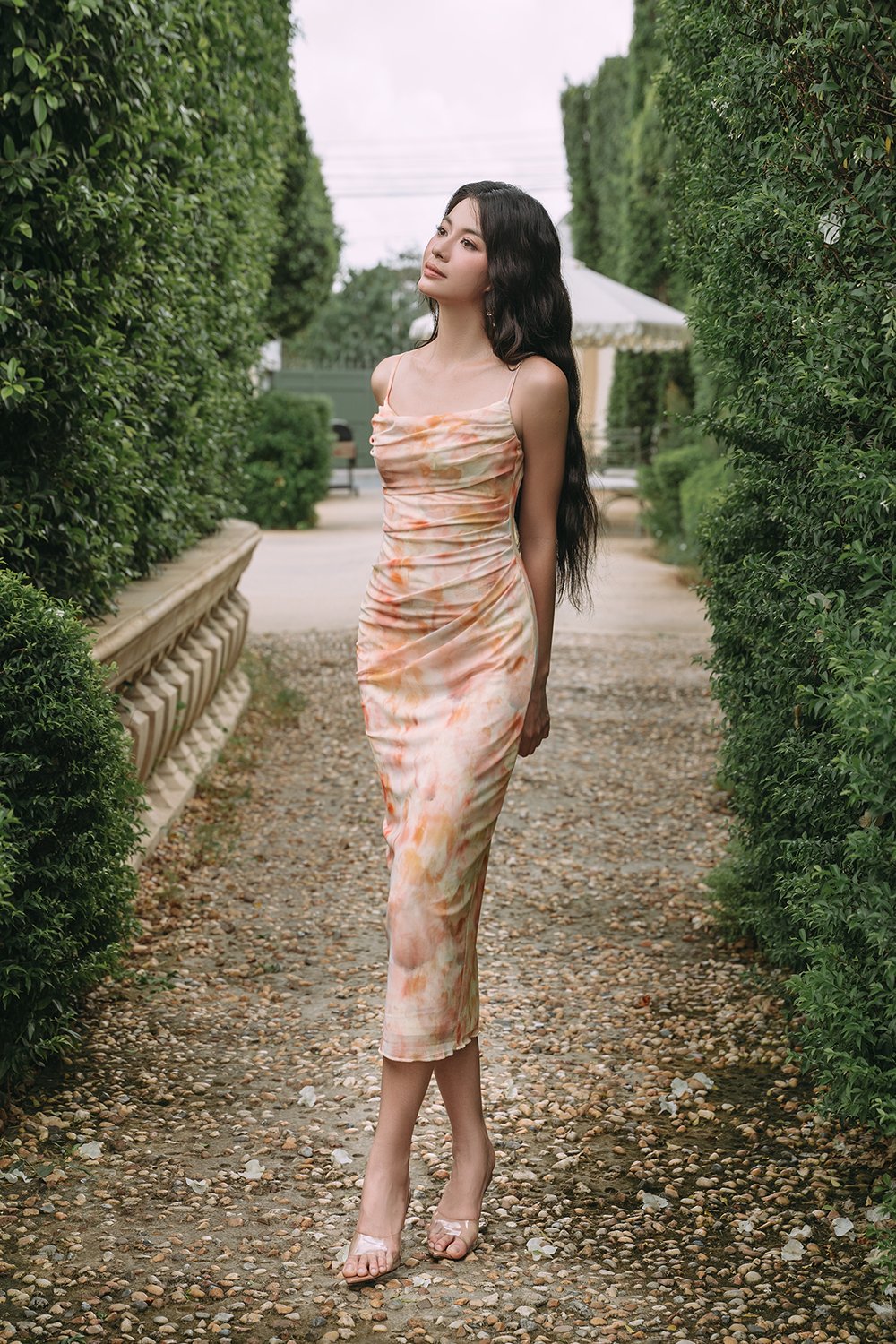 Yvette Watercolor Floral Ruched Mesh Midi Dress in Apricot Dream