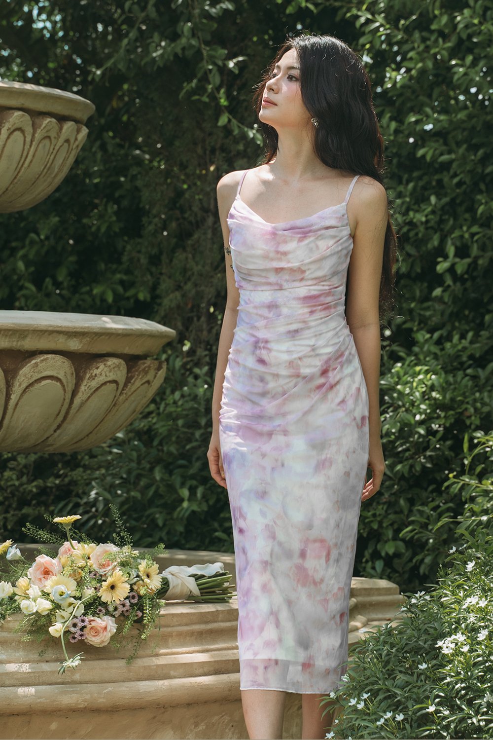 Yvette Watercolor Floral Ruched Mesh Midi Dress in Violet Whisper