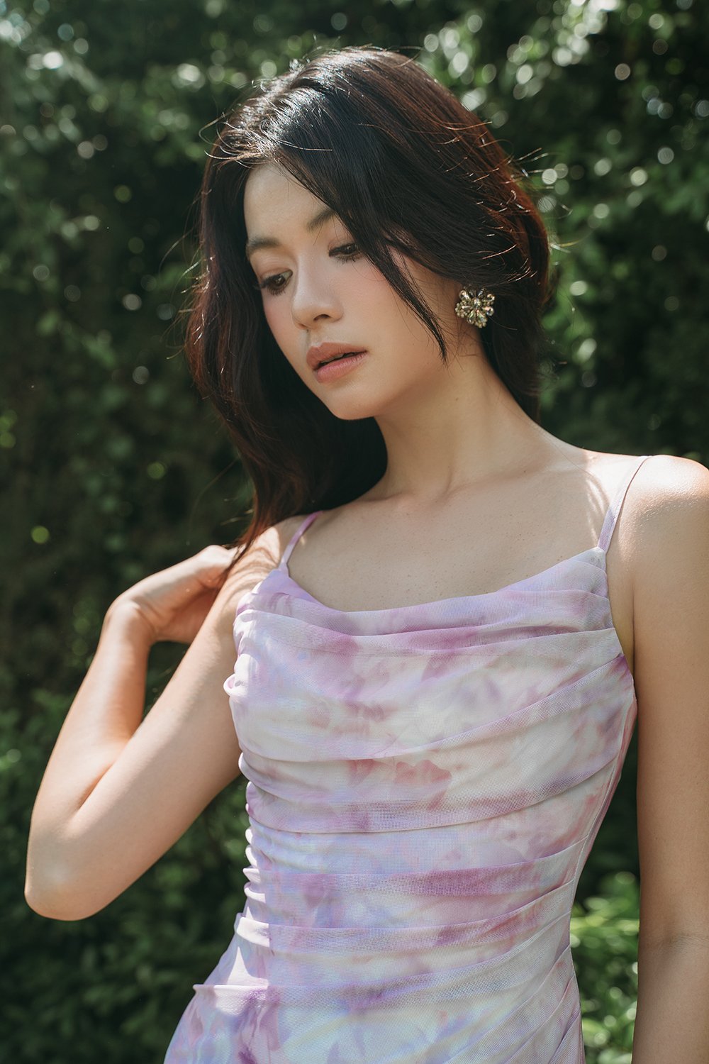 Yvette Watercolor Floral Ruched Mesh Midi Dress in Violet Whisper