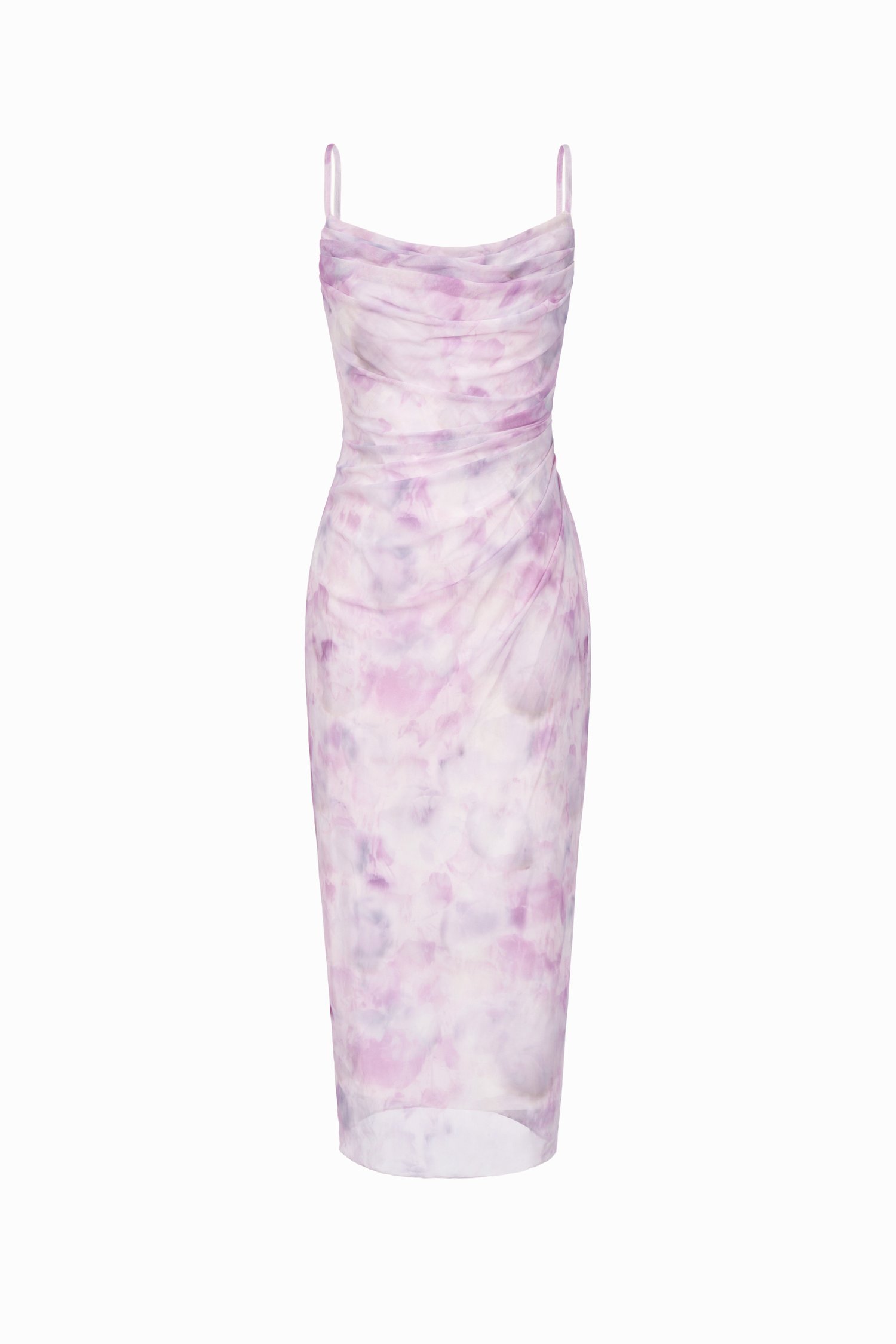 Yvette Watercolor Floral Ruched Mesh Midi Dress in Violet Whisper