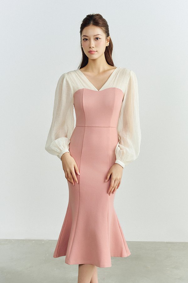 Diana Textured Sleeves Mermaid Ponte Dress in Rose Pink