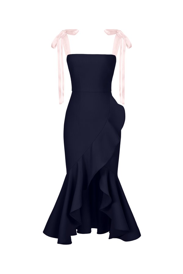 Everlee Movement Midi Mermaid Dress with Satin Ribbon Straps in Navy Blue