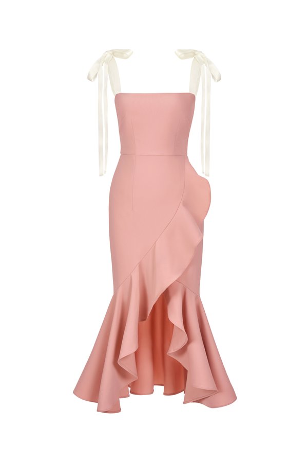 Everlee Movement Midi Mermaid Dress with Satin Ribbon Straps in Rose Pink