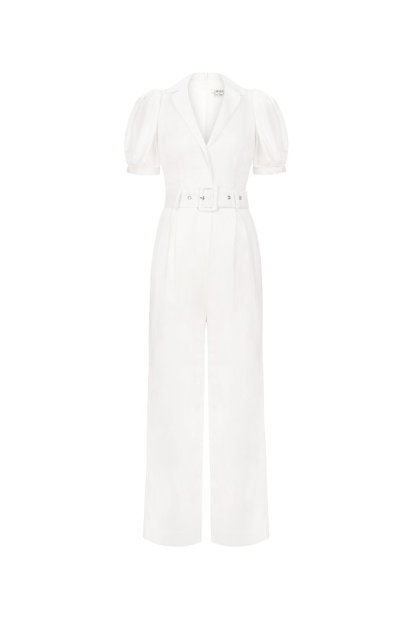 Journee Belted Puff Sleeves Jumpsuit in Iconic White