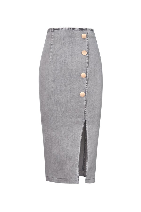 Lyra Denim Pencil Skirt in Grey Wash