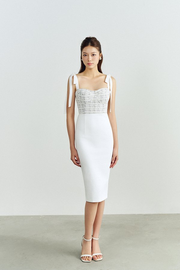 Ynez Tweed Bustier Dress with Ribbon Straps in White Gold Tweed
