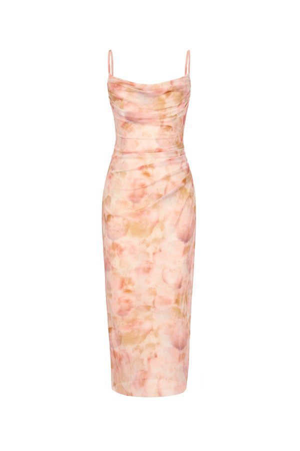 Yvette Watercolor Floral Ruched Mesh Midi Dress in Apricot Dream