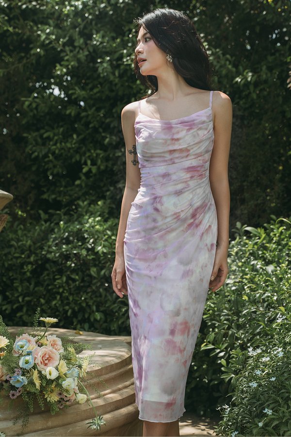 Yvette Watercolor Floral Ruched Mesh Midi Dress in Violet Whisper