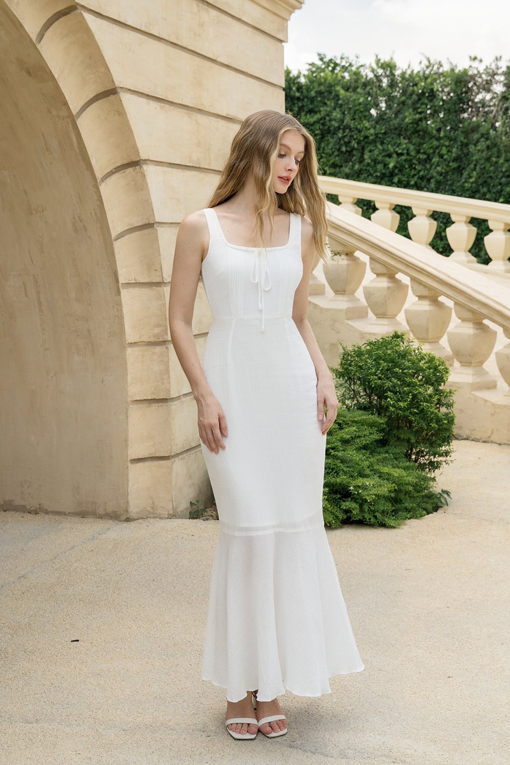 Anais Pintuck Mermaid Maxi Dress in Iconic White