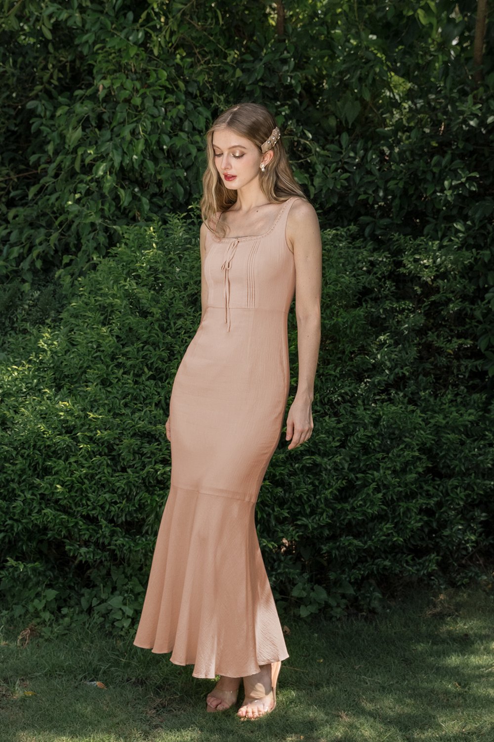 Anais Pintuck Mermaid Maxi Dress in Pale Rose