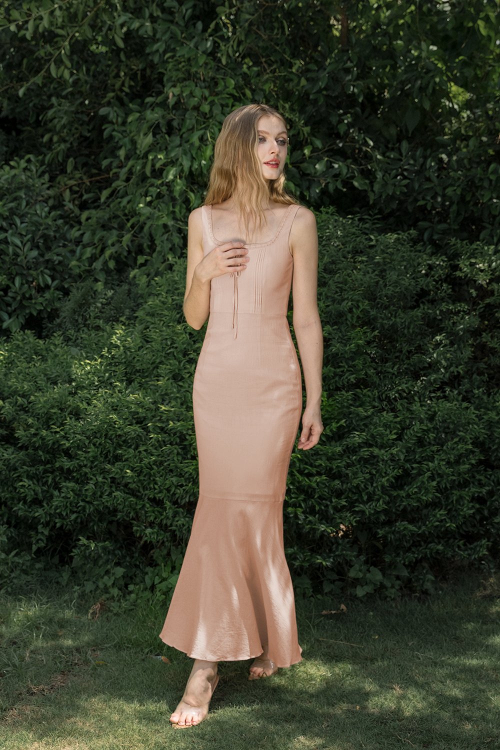 Anais Pintuck Mermaid Maxi Dress in Pale Rose