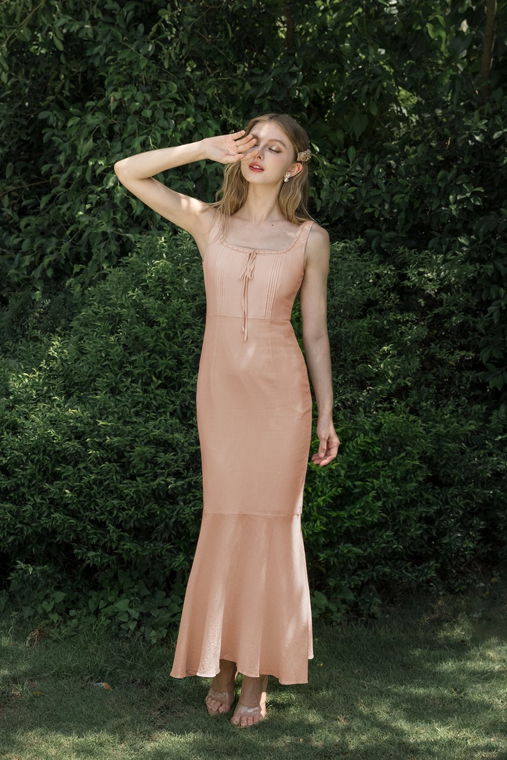 Anais Pintuck Mermaid Maxi Dress in Pale Rose
