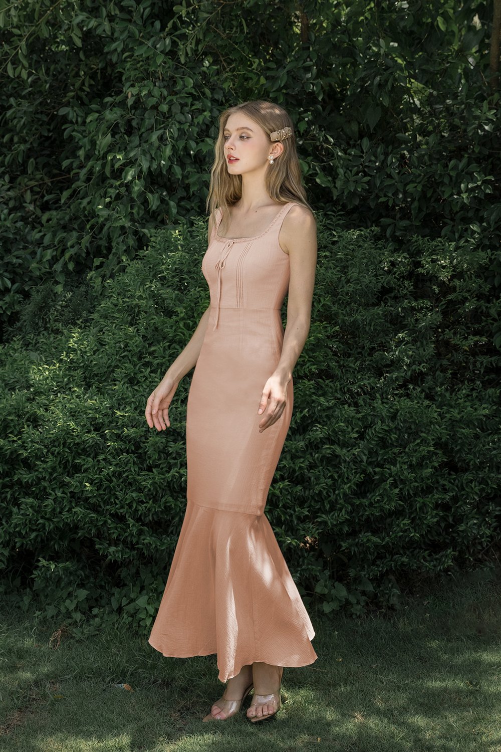 Anais Pintuck Mermaid Maxi Dress in Pale Rose