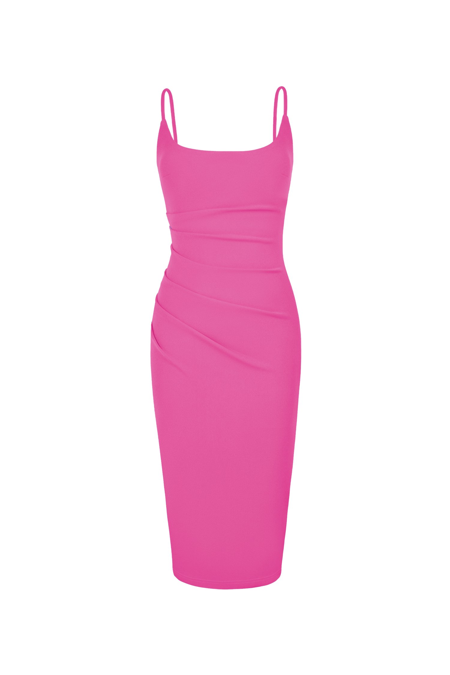 Clea Strappy wide U-neck Padded Ruched Dress in Hot Pink