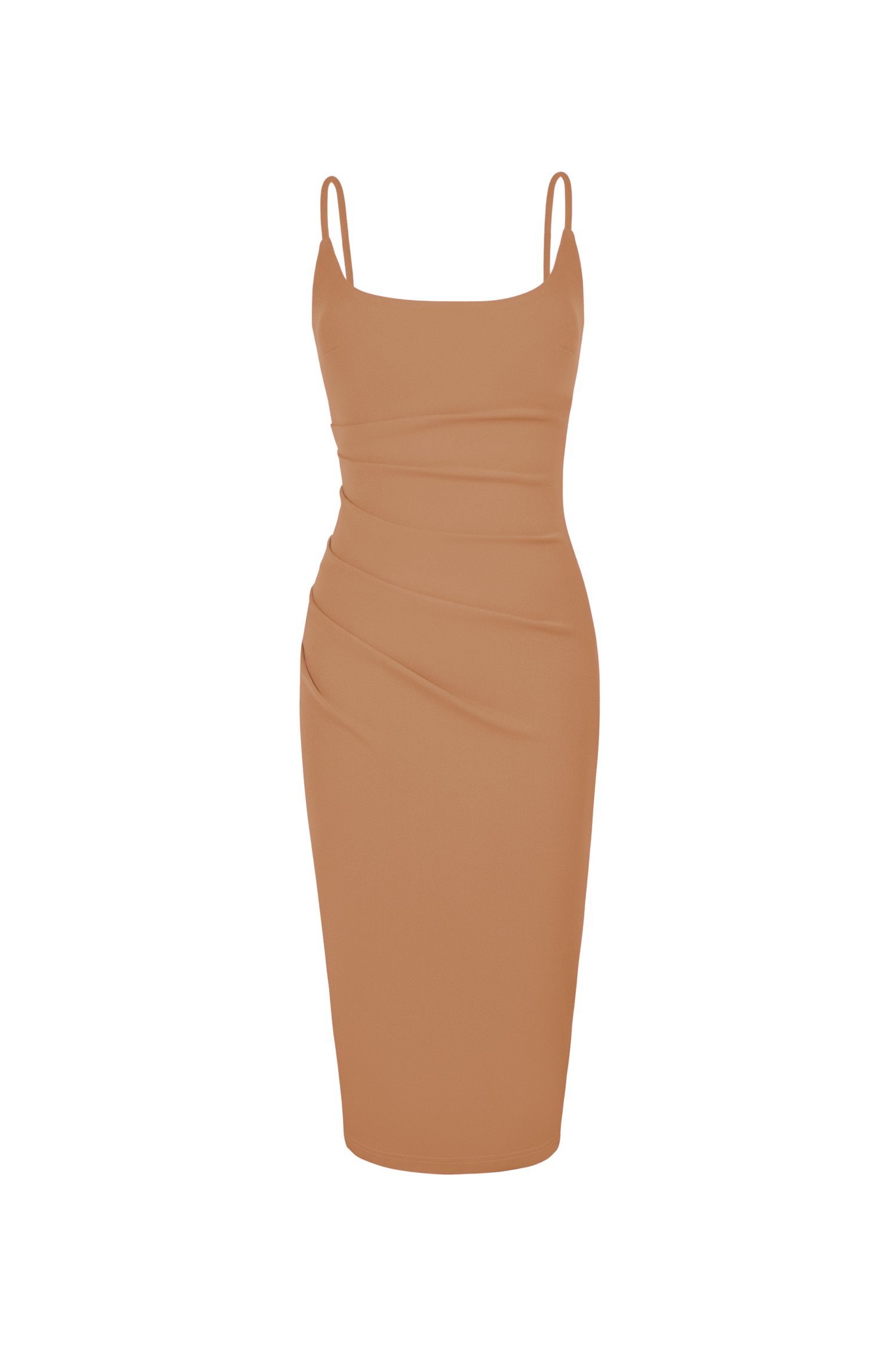 Clea Strappy wide U-neck Padded Ruched Dress in Latte